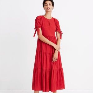 Madewell Tie-Sleeve Tiered Midi Dress in Swiss Dot